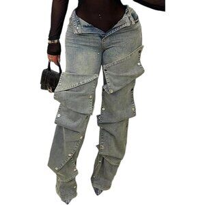 Women Cargo Jeans High Waisted Straight Wide Leg Denim Pants Casual Trendy